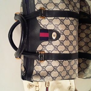 Vtg 1980's Gucci Boston Bag, Accessory Collection, Navy, silver/gold hardware